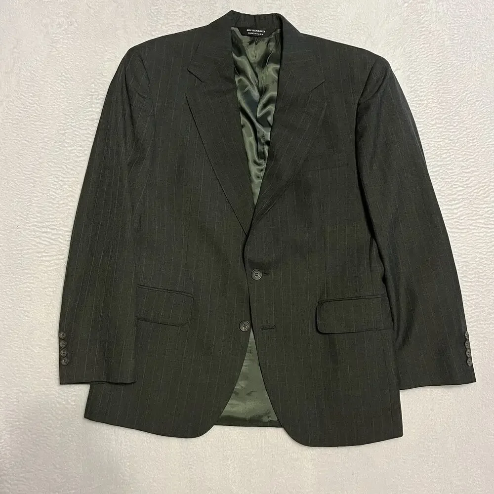 VTG Early 90s Gray Pinstripe 40R 32x30 2pc Pant Suit 100% Wool Flat Front